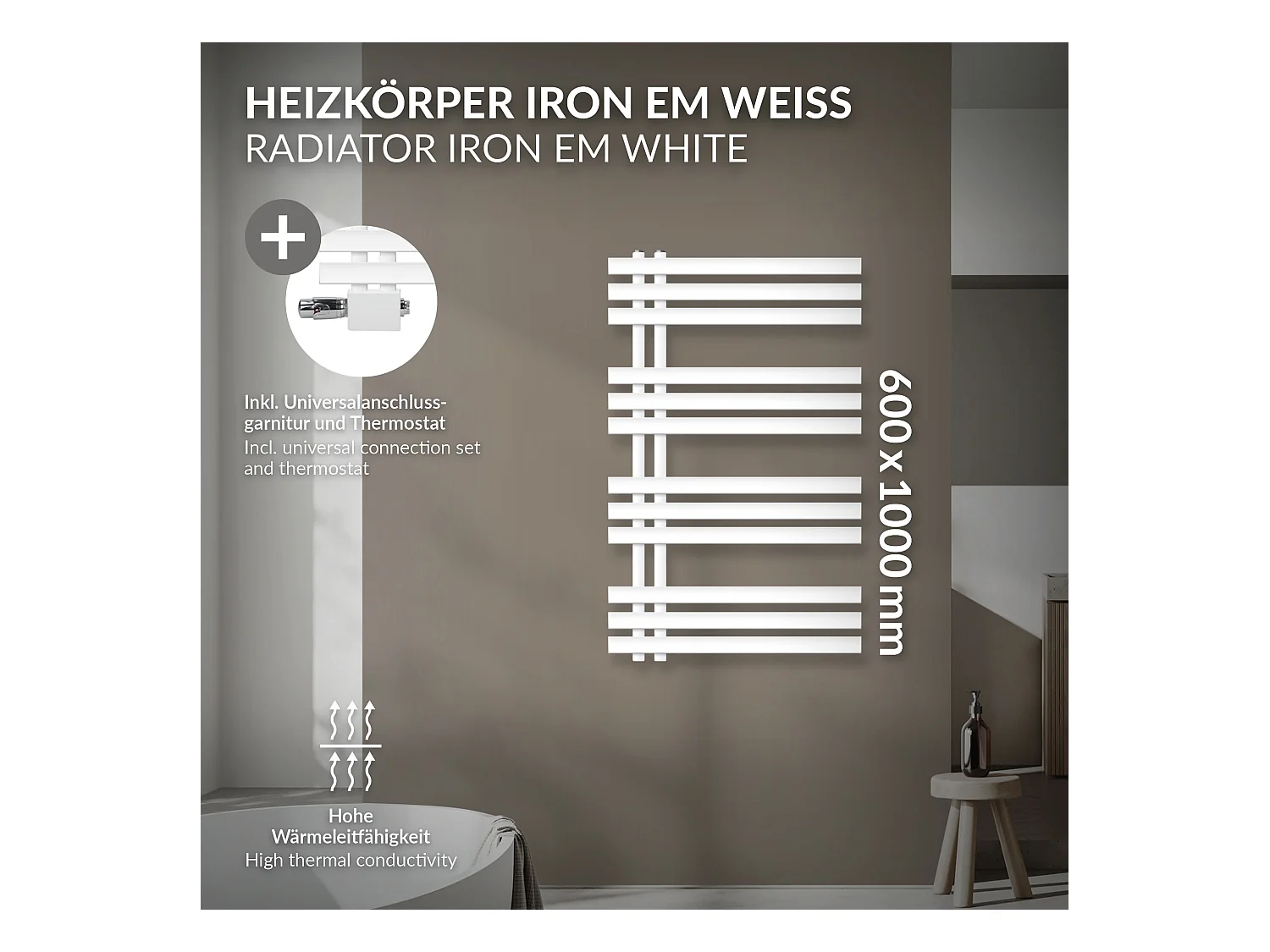 Radiateur Design Iron EM 600x1000 mm Blanc Raccord Central au Bas avec Garniture