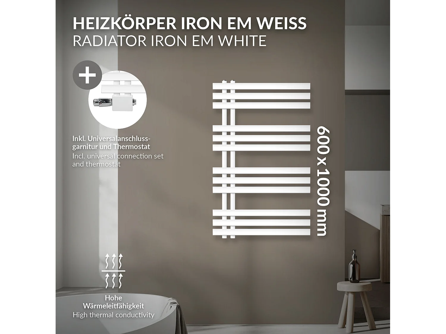 Radiateur Design Iron EM 600x1000 mm Blanc Raccord Central au Bas avec Garniture