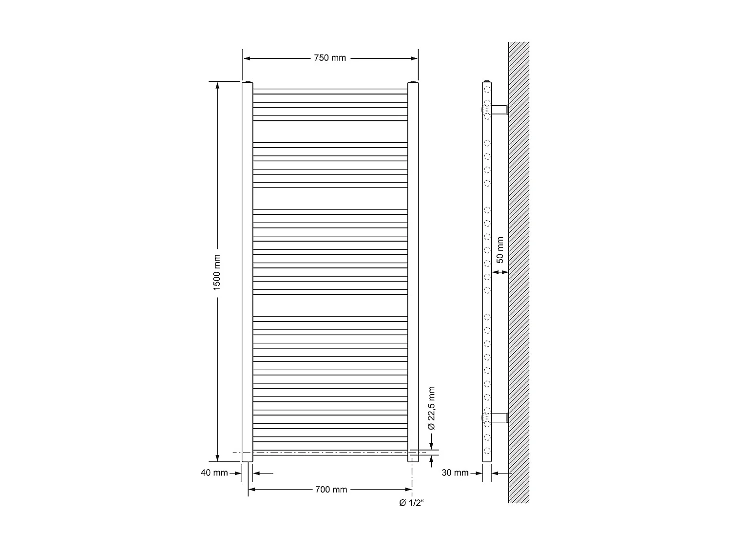 Calentador de toallas de baño Sahara, 750 x 1500 mm, antracita, recto