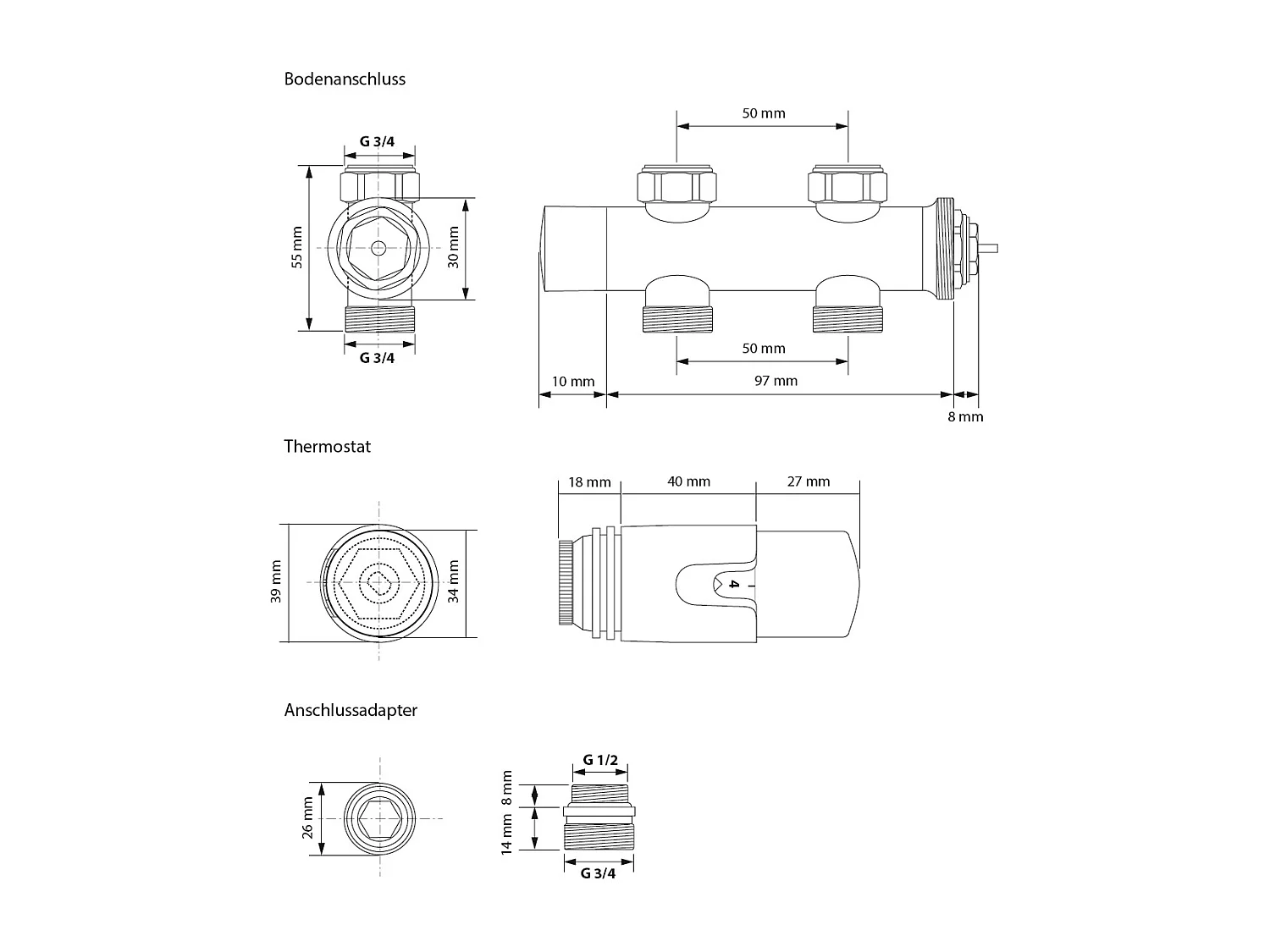 Sèche-Serviettes Sahara Non Électrique, 500 x 1200 mm, Blanc, Connexion Central