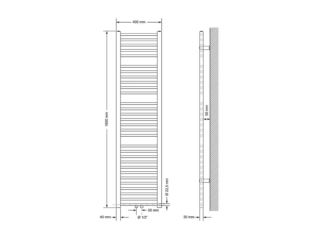 Radiador de diseño no eléctrico Sahara, 400 x 1800 mm, color blanco, conexión central