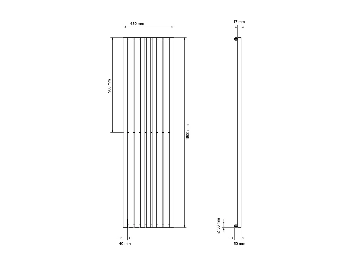 Radiateur Design Stella Vertical 480 x 1800 mm Blanc Raccord Central + Garniture