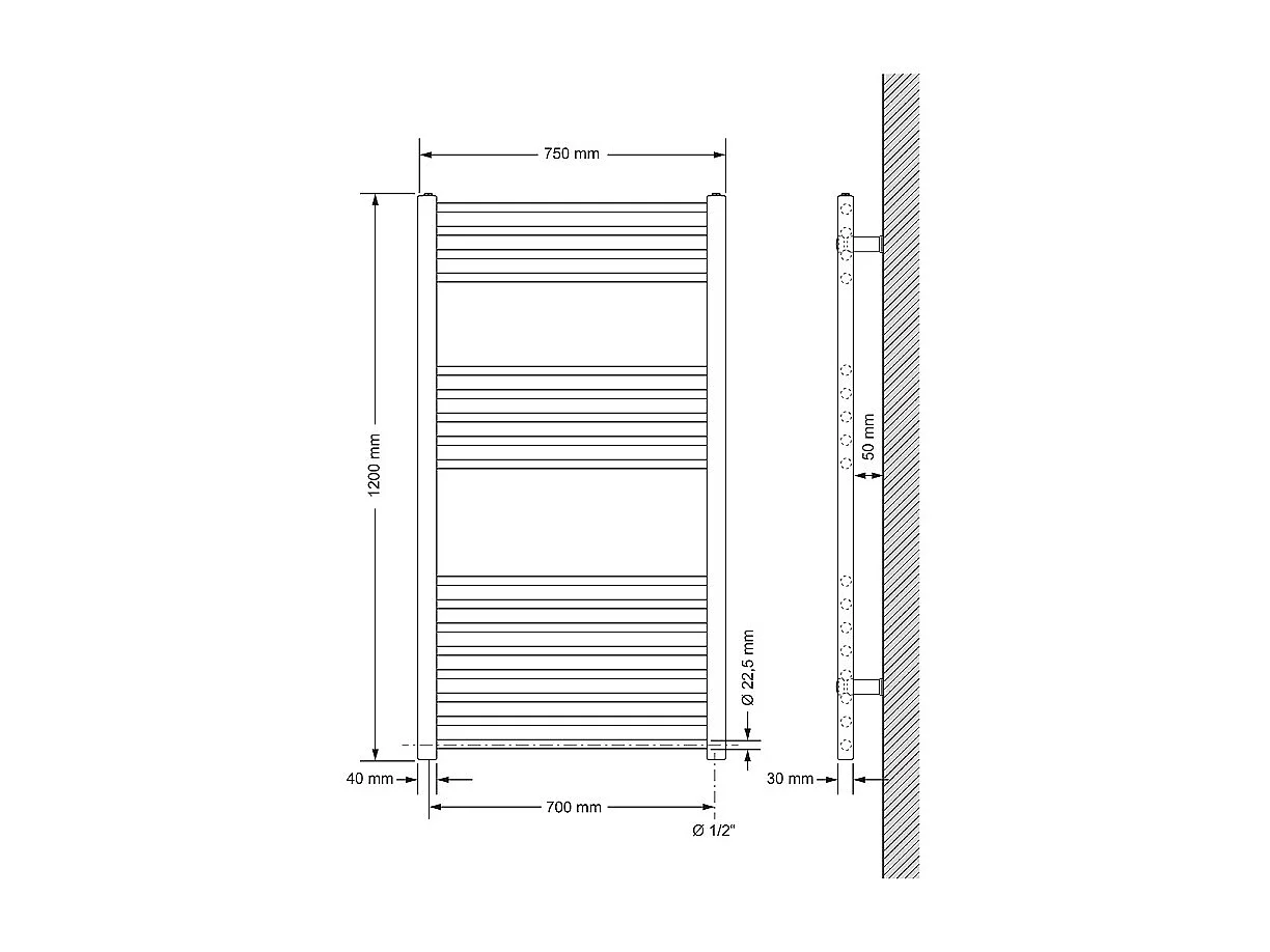 Radiateur avec Élément Chauffant Électrique 900W, 750 x 1200 mm, Blanc, Connexion Latéral