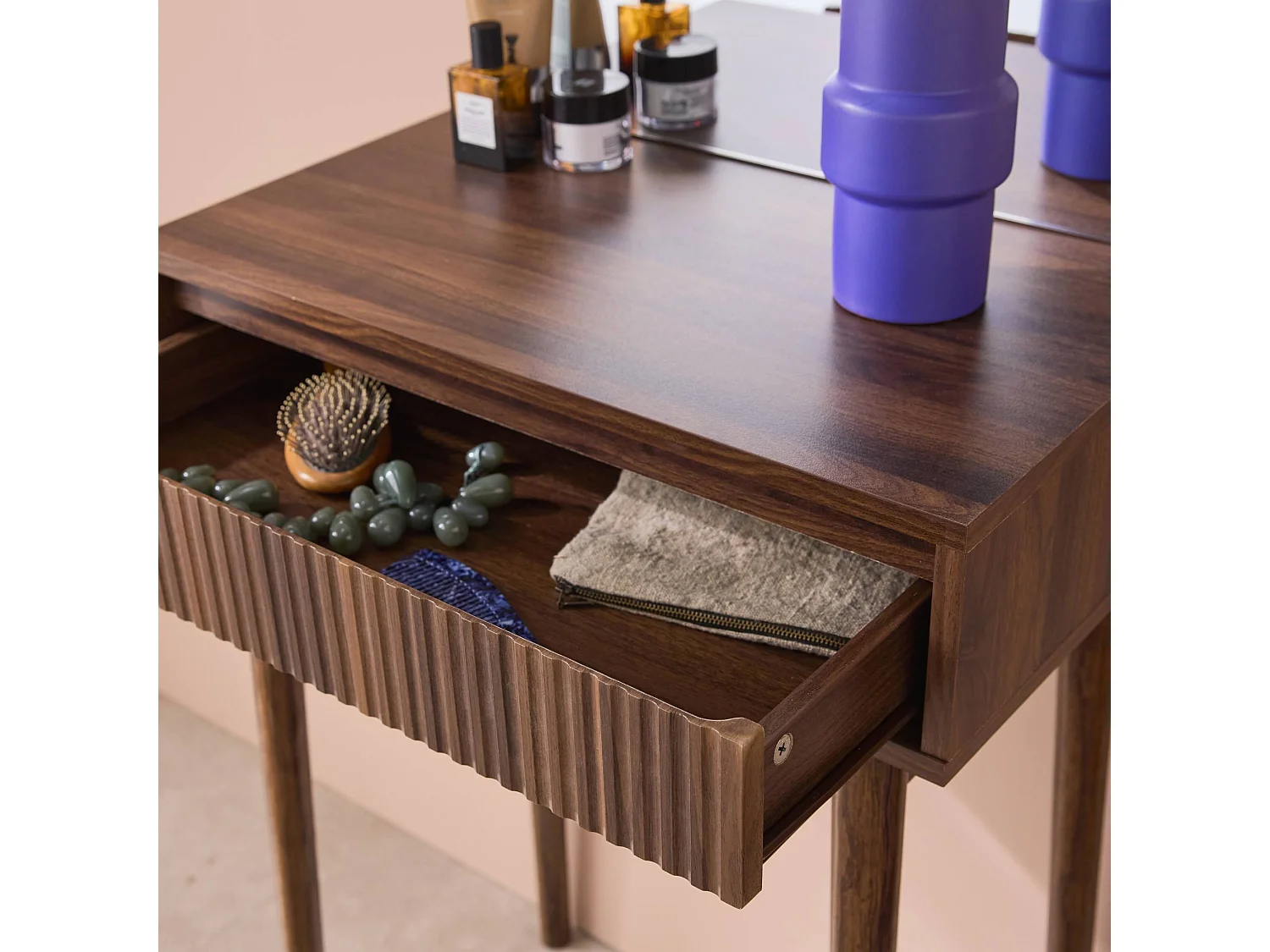 Coiffeuse décor bois LINEAR miroir arrondi 1 tiroir 60 cm. façade striée. Noyer