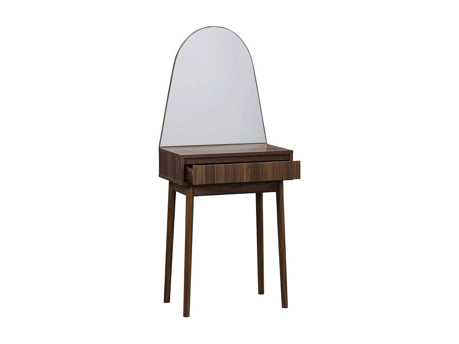 Coiffeuse décor bois LINEAR miroir arrondi 1 tiroir 60 cm. façade striée. Noyer