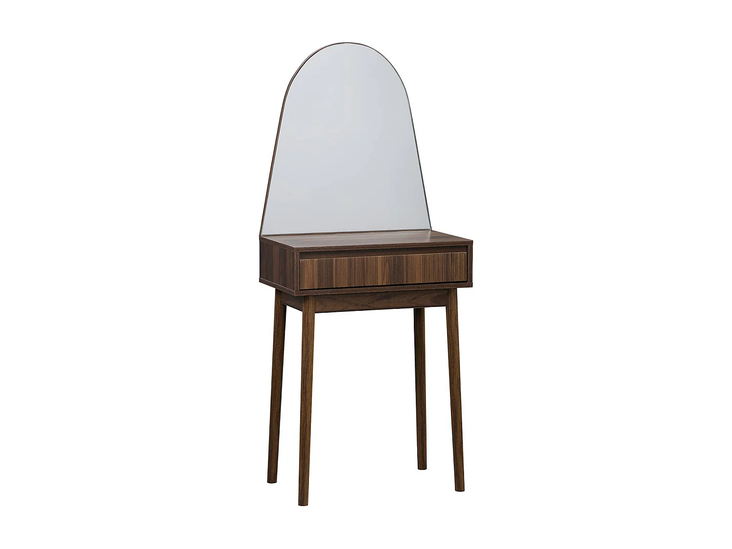 Coiffeuse décor bois LINEAR miroir arrondi 1 tiroir 60 cm. façade striée. Noyer