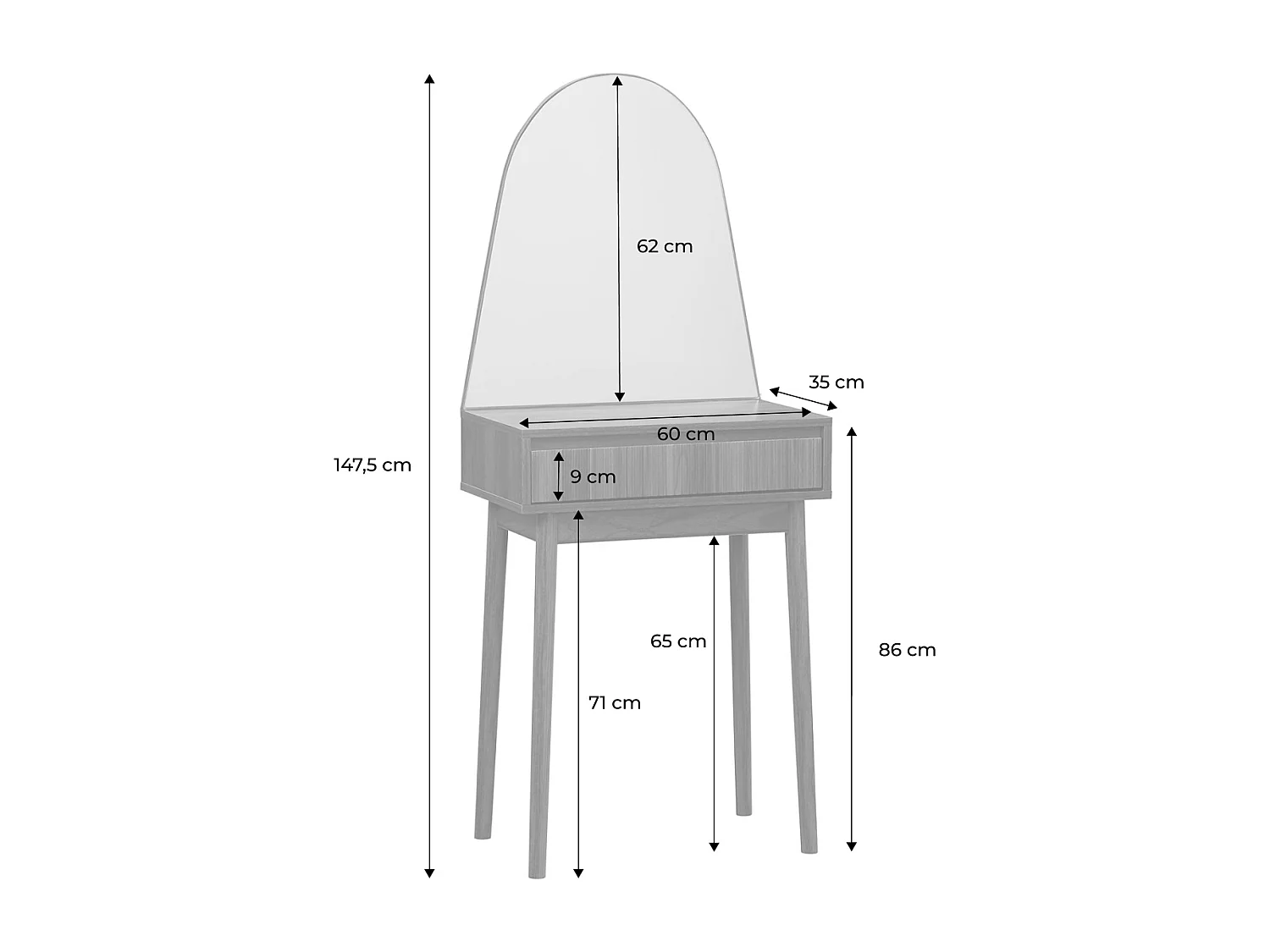 Coiffeuse décor bois LINEAR miroir arrondi 1 tiroir 60 cm. façade striée. Noyer