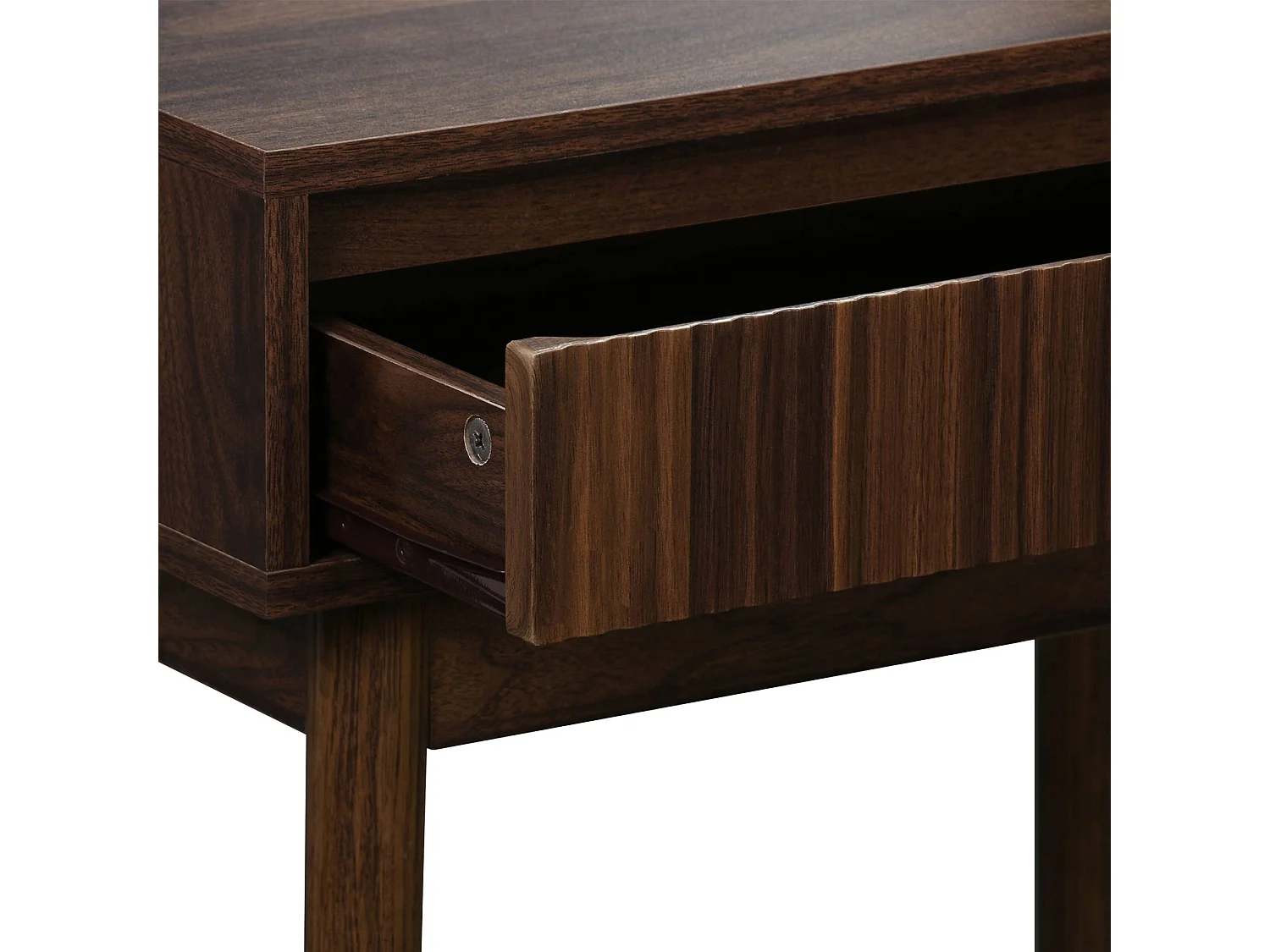 Coiffeuse décor bois LINEAR miroir arrondi 1 tiroir 60 cm. façade striée. Noyer