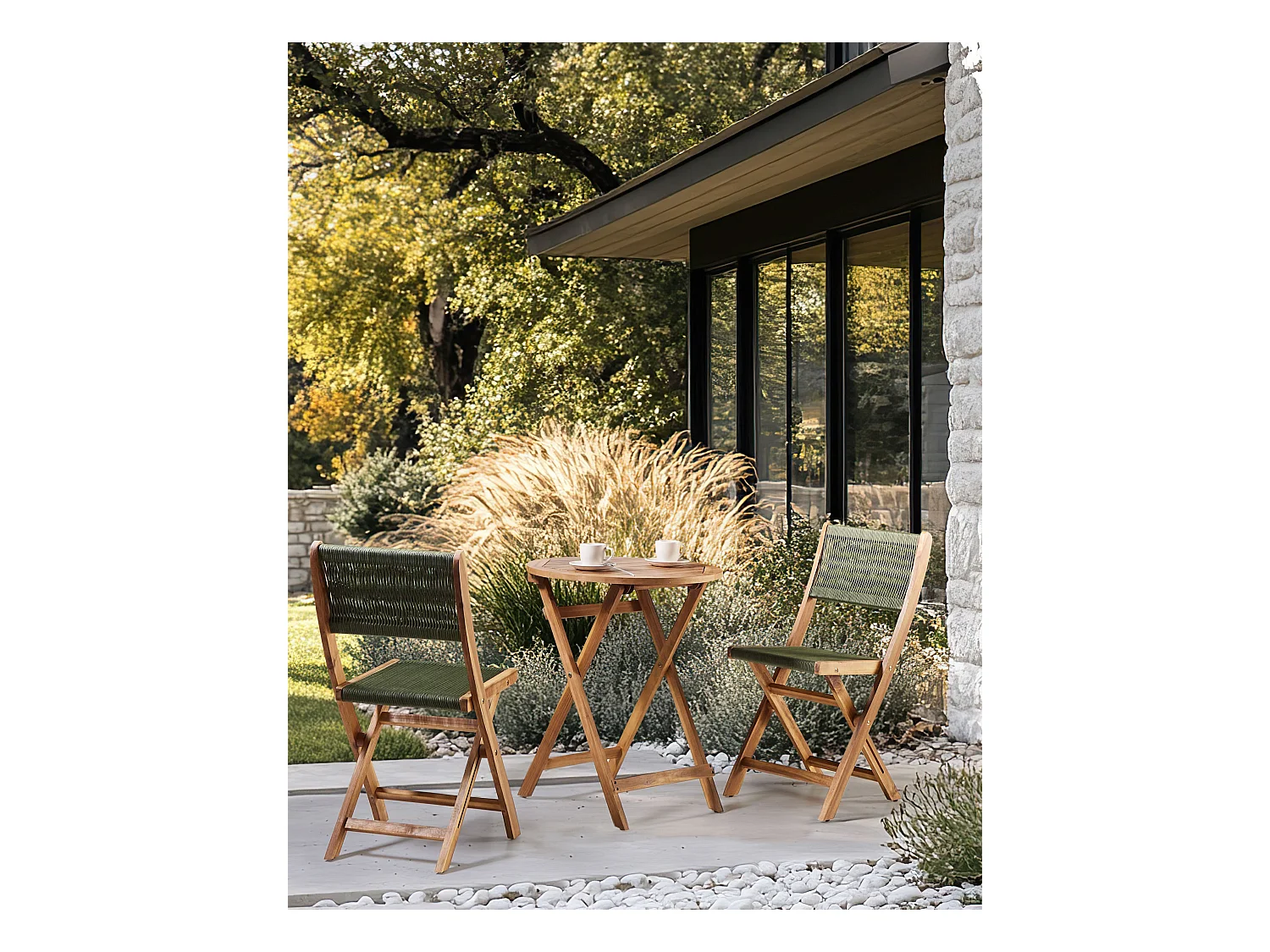 Gartenstühle 2er Set Akazienholz mit Seilgeflecht grün klappbar Prossedi