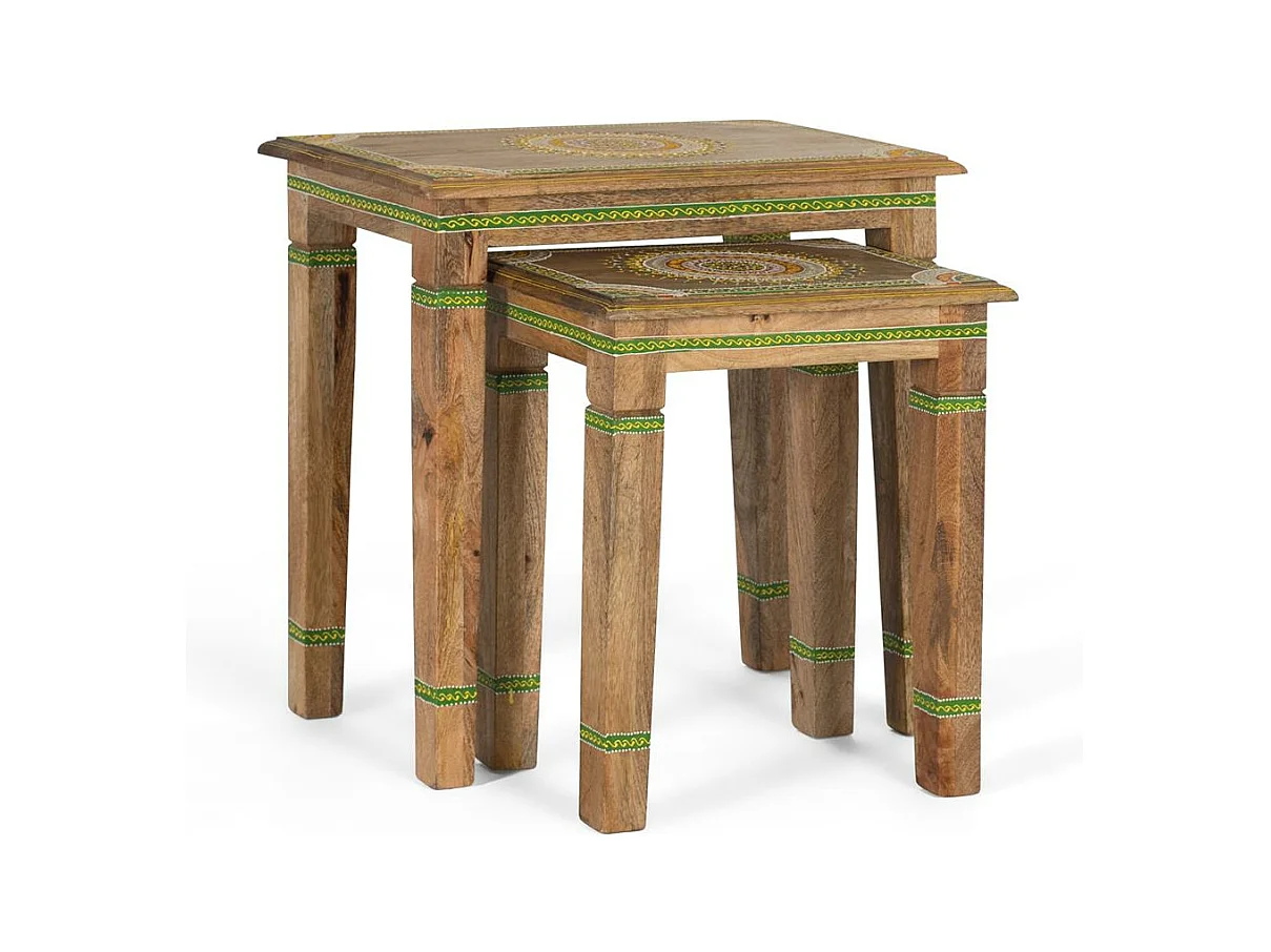 Lot de 2 tables gigognes en bois de manguier peint à la main