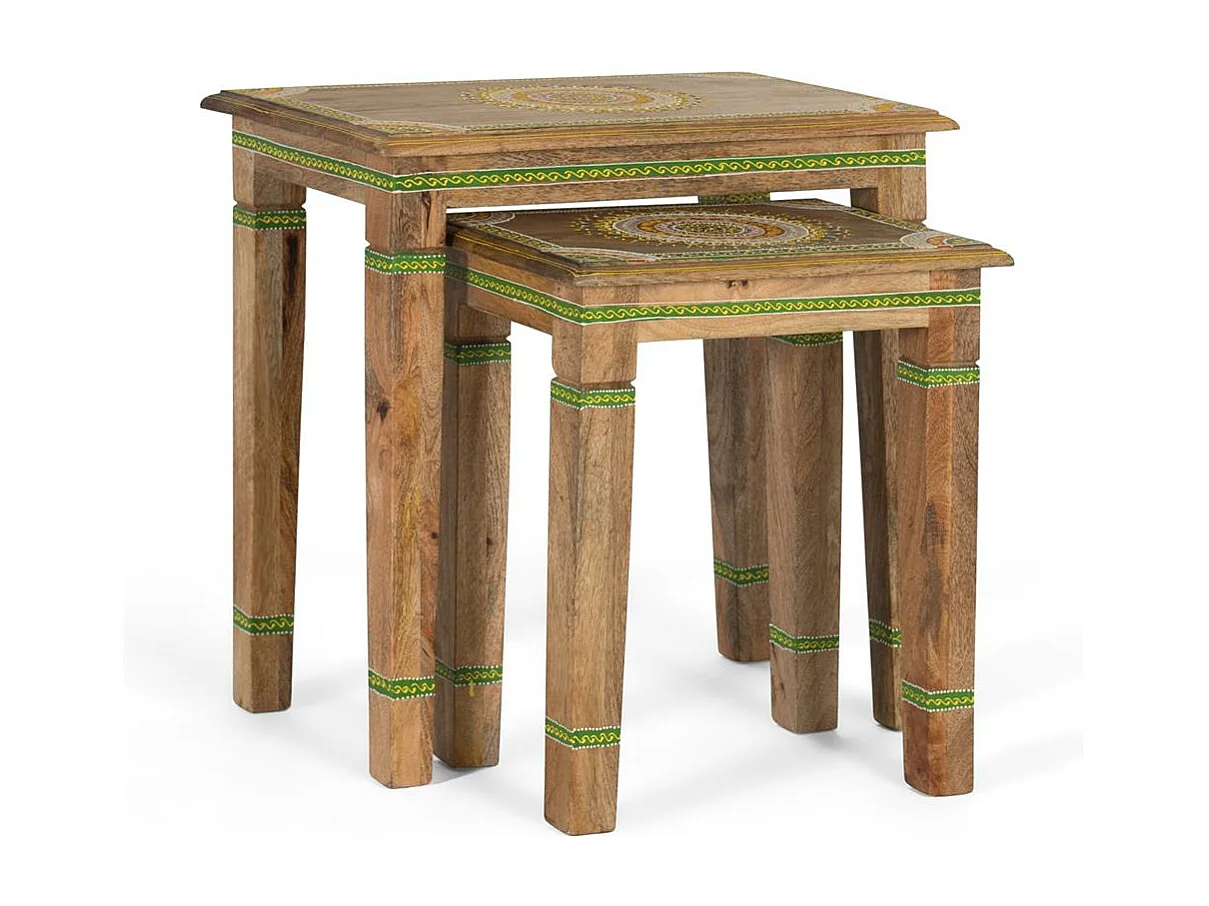 Lot de 2 tables gigognes en bois de manguier peint à la main
