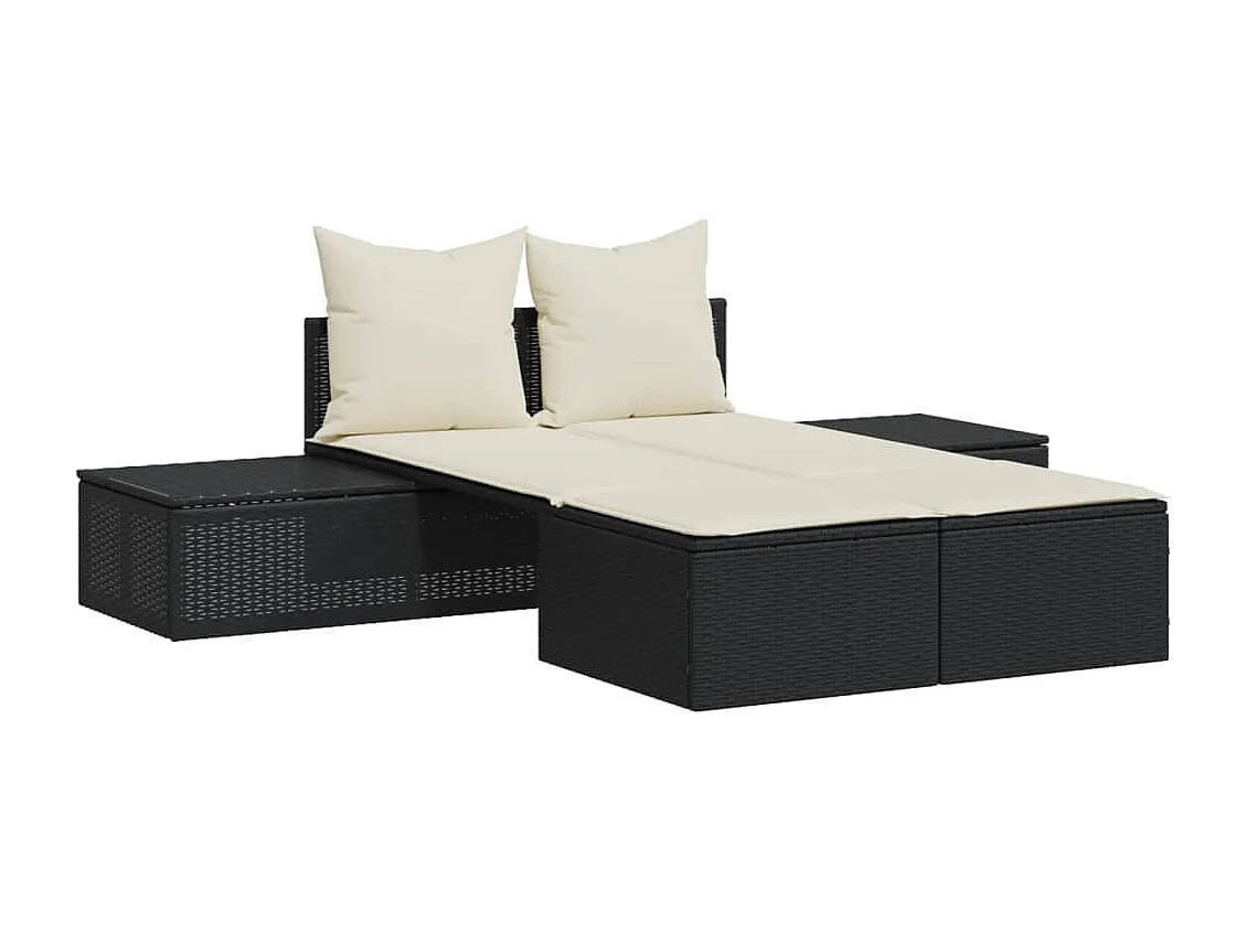 Doppel-Sonnenliege mit Kissen Schwarz Poly Rattan