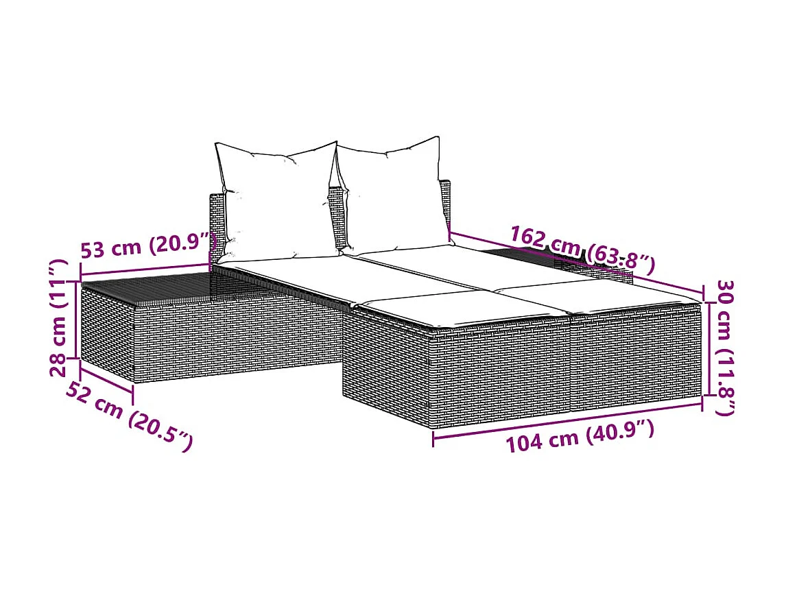 Doppel-Sonnenliege mit Kissen Schwarz Poly Rattan