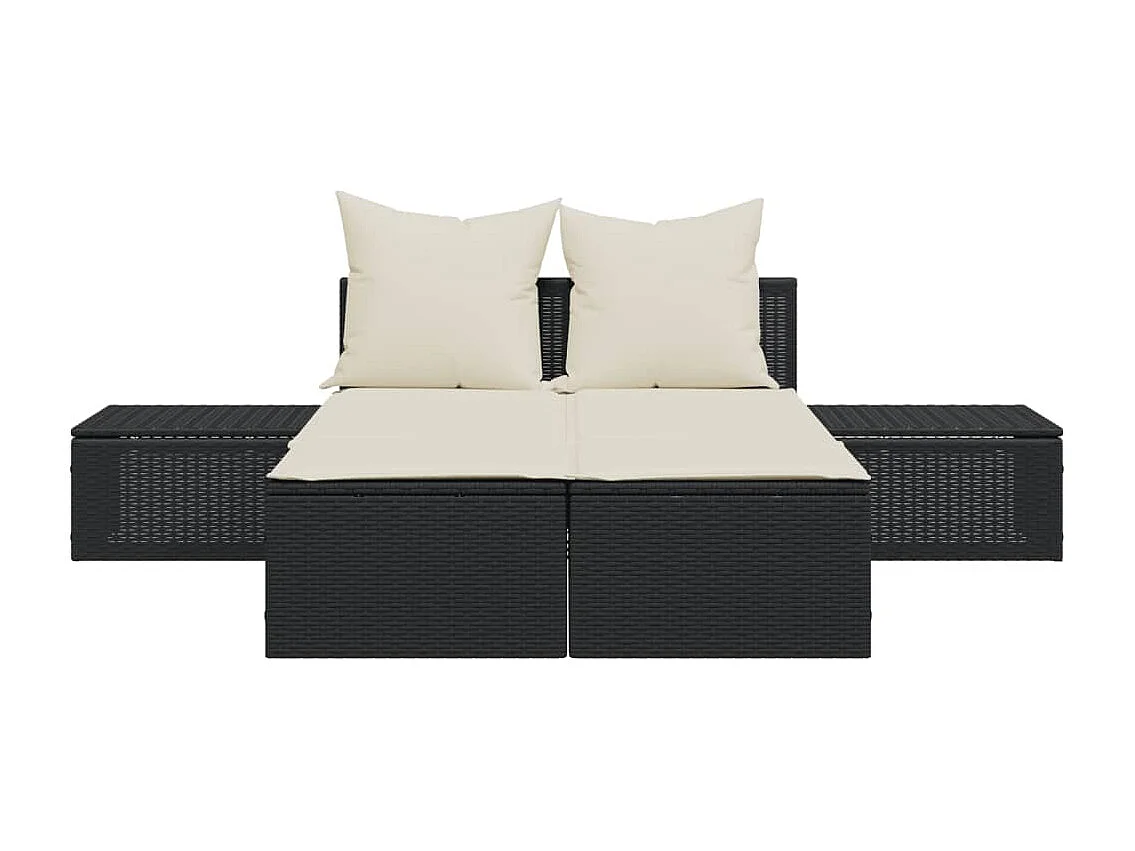 Doppel-Sonnenliege mit Kissen Schwarz Poly Rattan