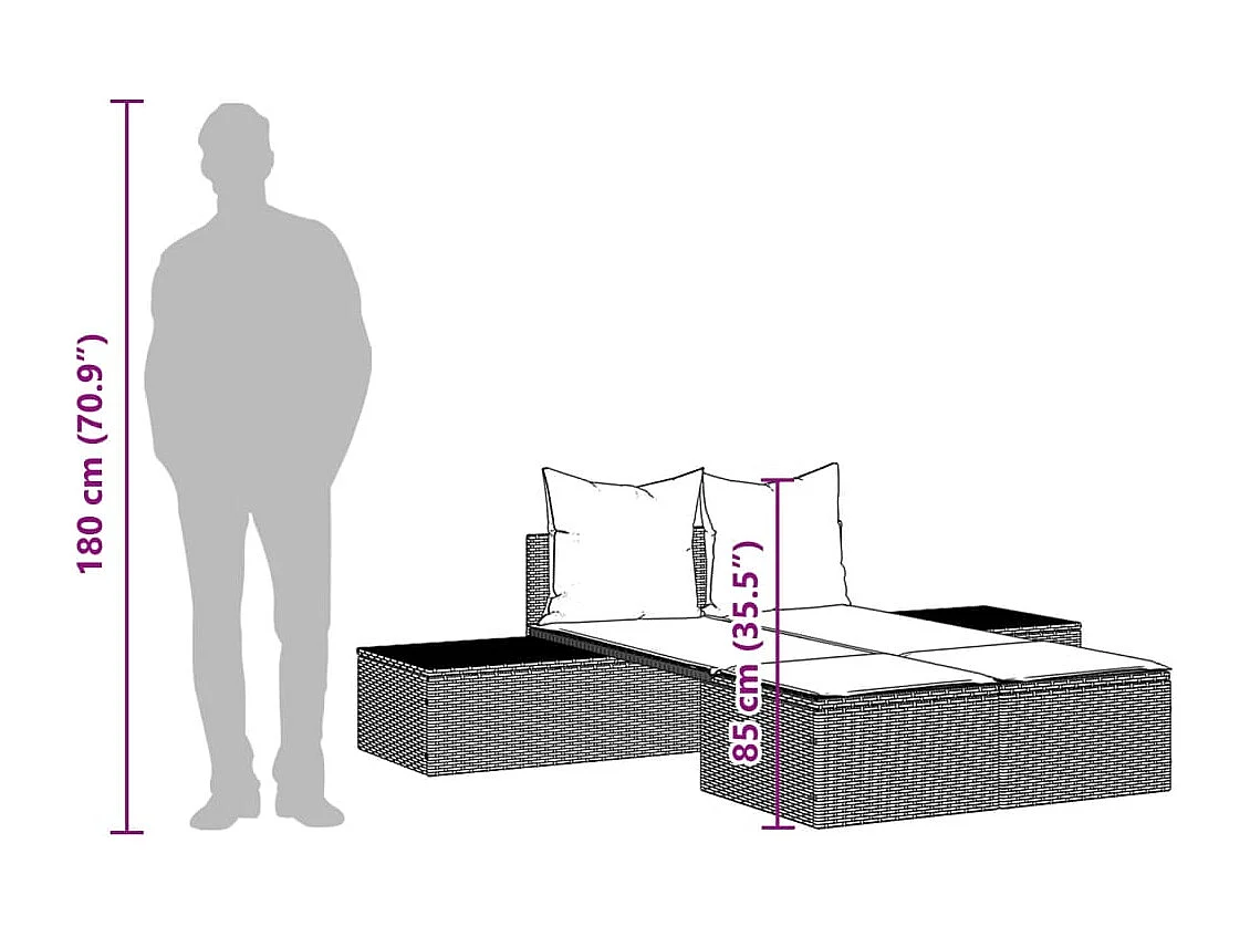 Doppel-Sonnenliege mit Kissen Schwarz Poly Rattan