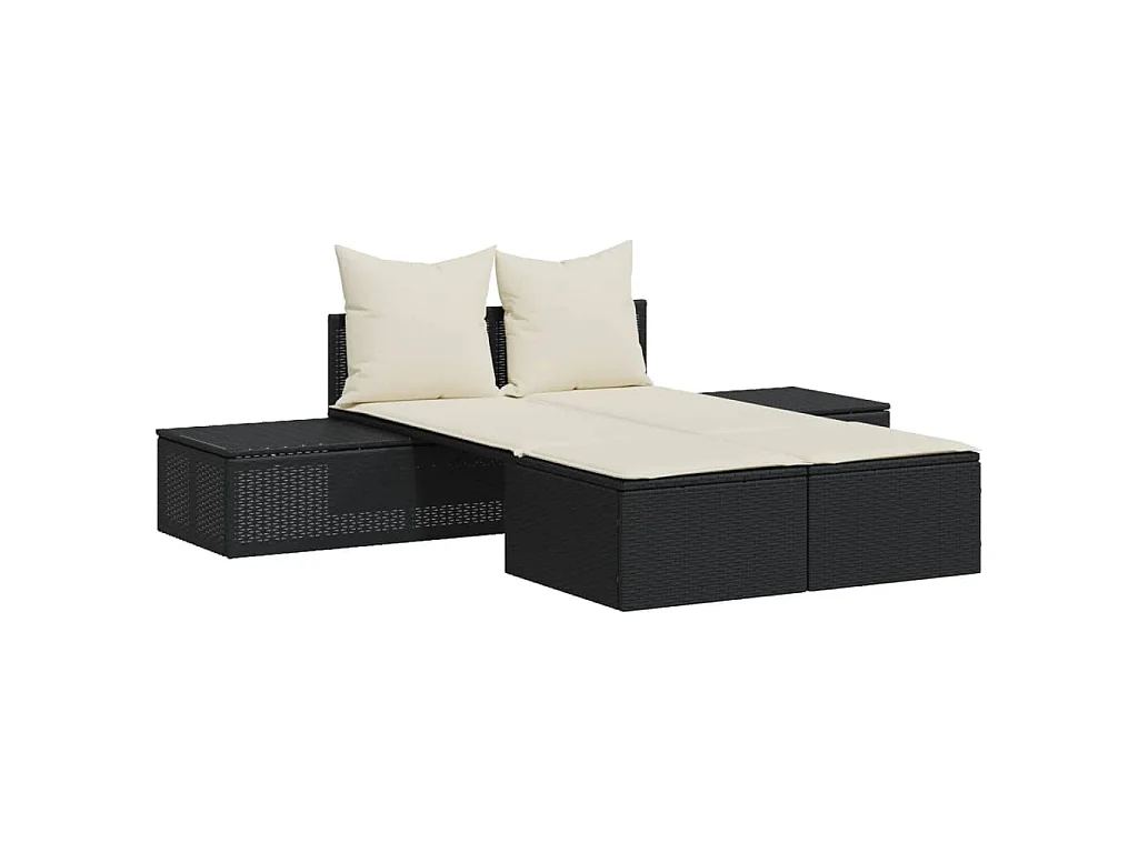 Ligbed 2-persoons met kussens poly rattan zwart