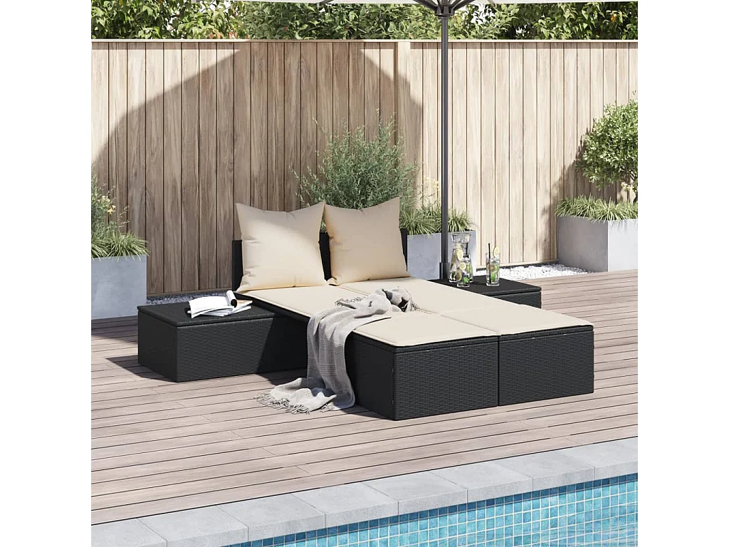 Ligbed 2-persoons met kussens poly rattan zwart