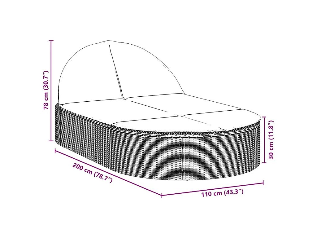 Ligbed 2-persoons met kussens poly rattan grijs