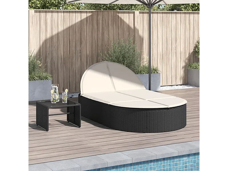 Doppel-Sonnenliege mit Kissen Schwarz Poly Rattan