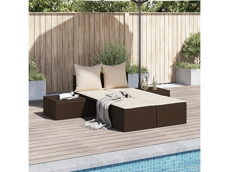 Doppel-Sonnenliege mit Auflagen Braun Poly Rattan