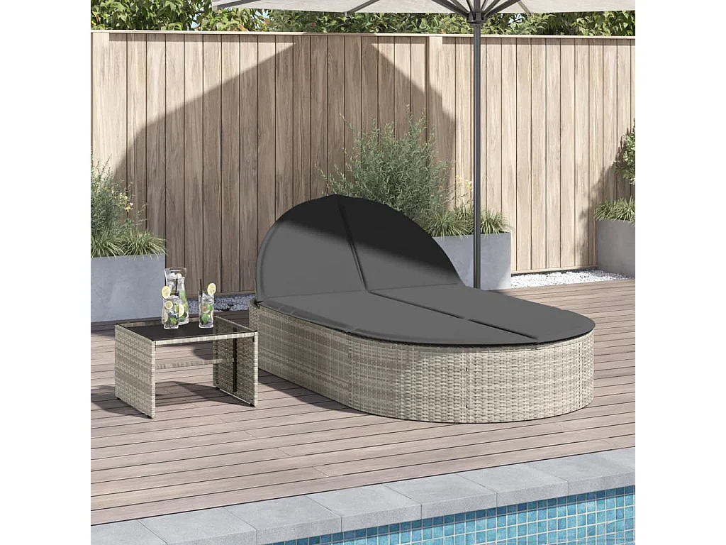Chaise longue double avec coussins gris clair résine tressée