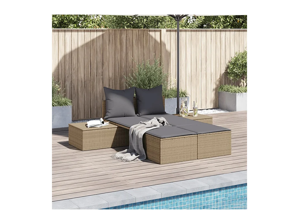 Chaise longue double avec coussins beige résine tressée