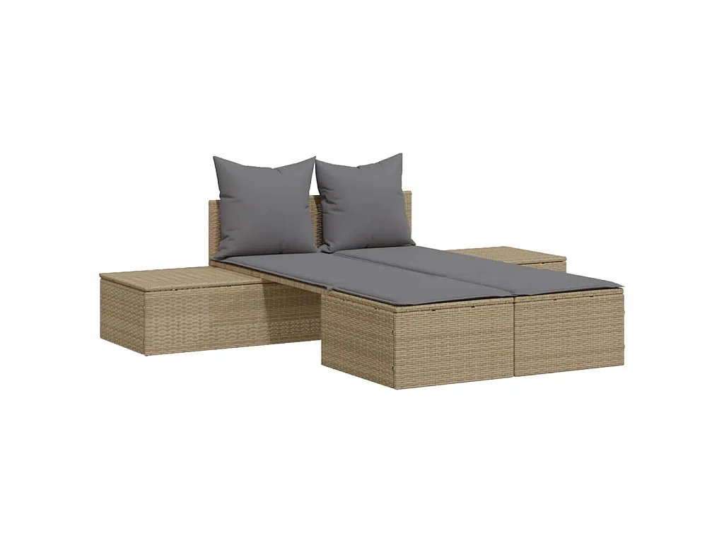 Lettino Prendisole con Cuscini Beige in Polyrattan