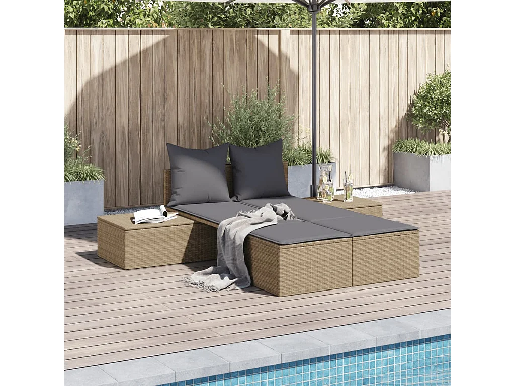 Lettino Prendisole con Cuscini Beige in Polyrattan