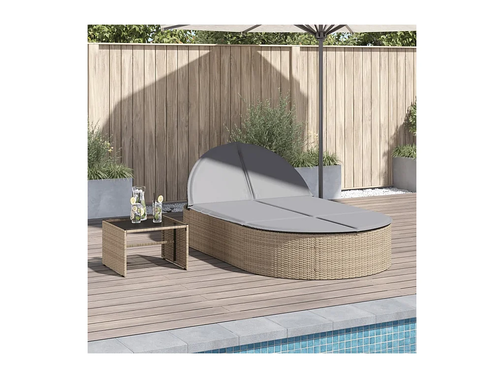 Chaise longue double avec coussins beige résine tressée