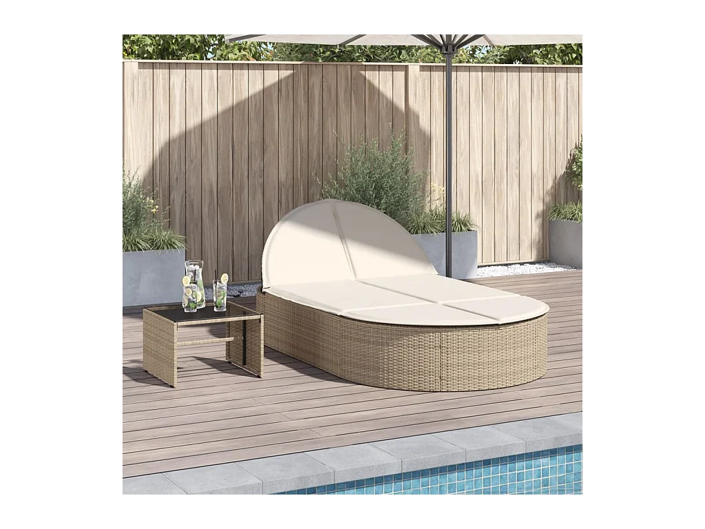 Doppel-Sonnenliege mit Auflagen Beige Poly Rattan