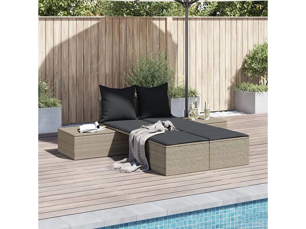 Doppel-Sonnenliege mit Kissen Hellgrau Poly Rattan
