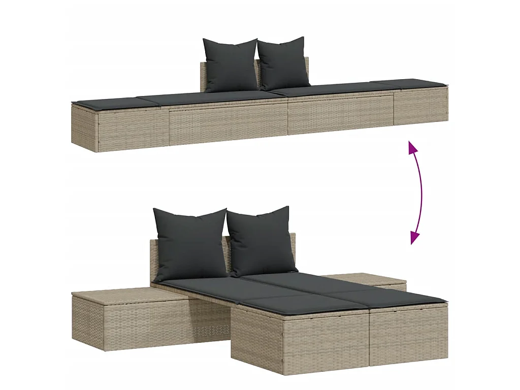 Chaise longue double avec coussins gris clair résine tressée