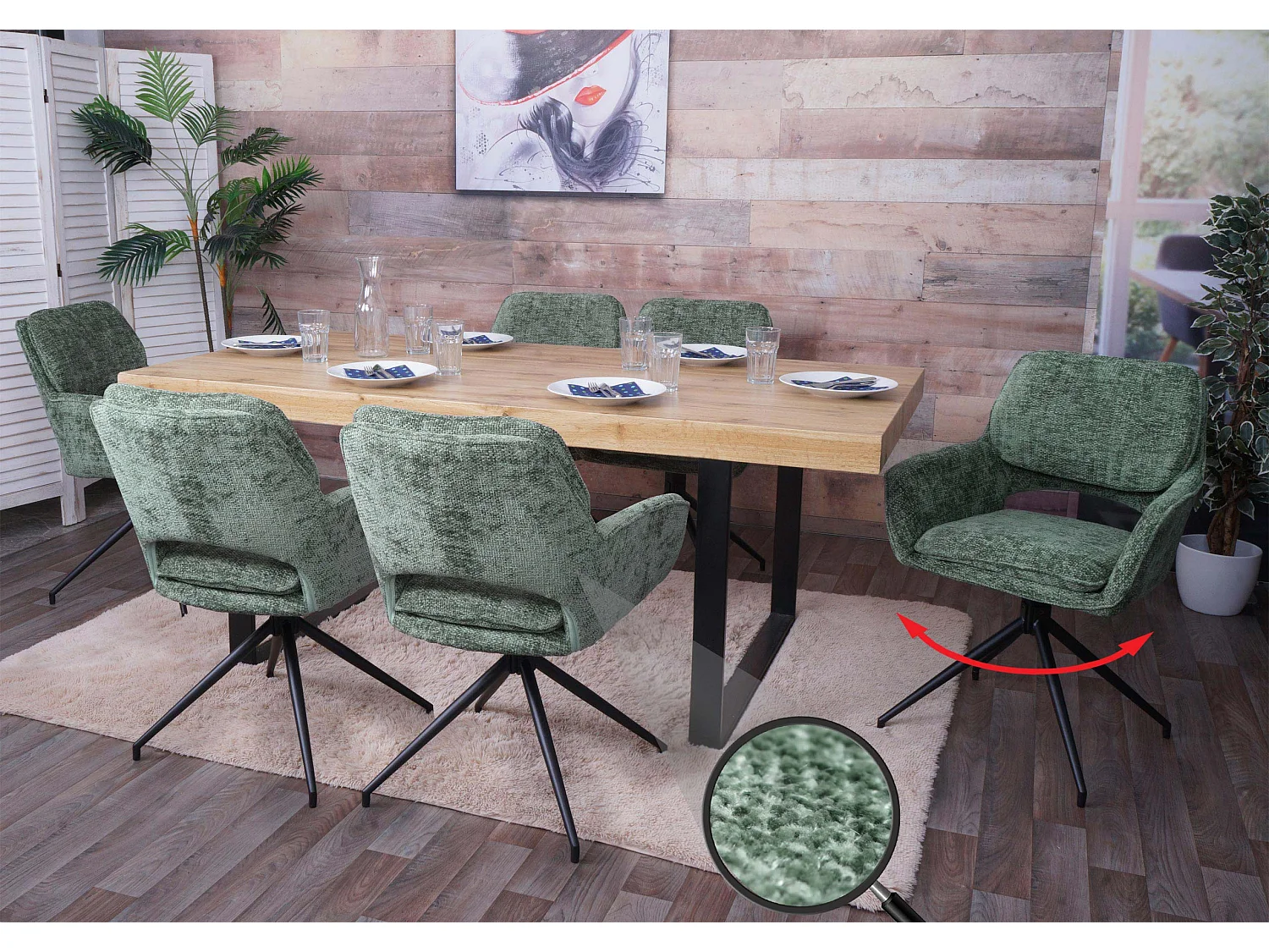 Set 6 sedie sala pranzo cucina MCW-N74 girevole posizionamento automatico, tessuto ciniglia (490g/m²) MVG ~ verde