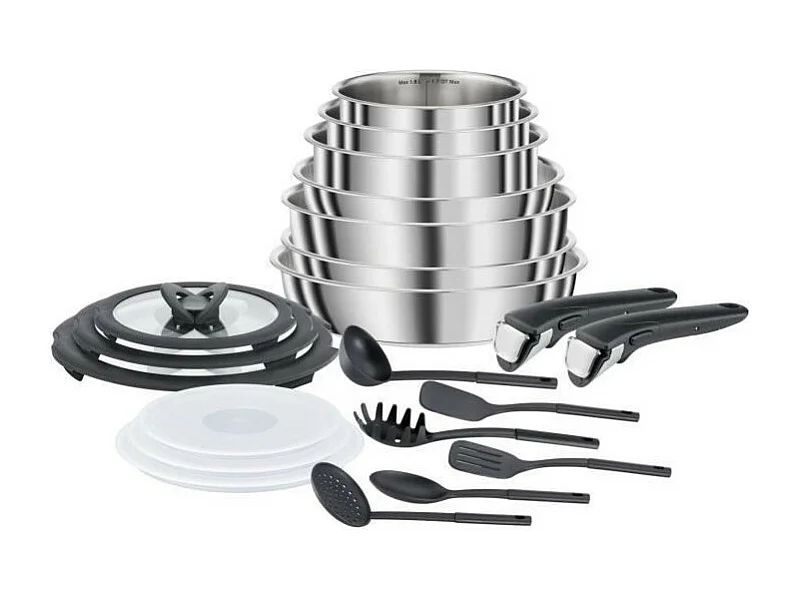 Kochgeschirr-Set SEB L953SK04 COMPACT 20-teilig Edelstahl Induktion ultra-kompakt mit abnehmbarem Griff