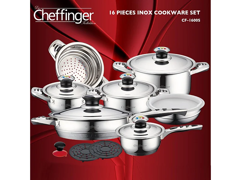 Conjunto de panelas em aço inoxidável Cheffinger CF-1600S - 16 peças
