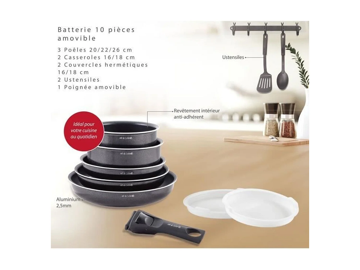 Batterie de cuisine - Tous feux dont induction - ART & CUISINE - AC1083 - Aluminium - 10 pieces - Noir