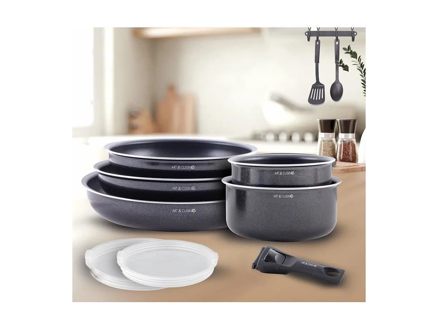 Batterie de cuisine - Tous feux dont induction - ART & CUISINE - AC1083 - Aluminium - 10 pieces - Noir