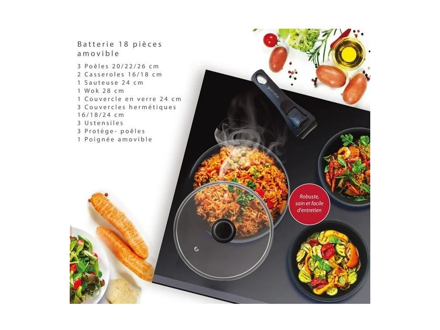 Batterie de cuisine - Tous feux dont induction - ART & CUISINE - AC1824 - Aluminium - 18 pieces - Anti-adhérent