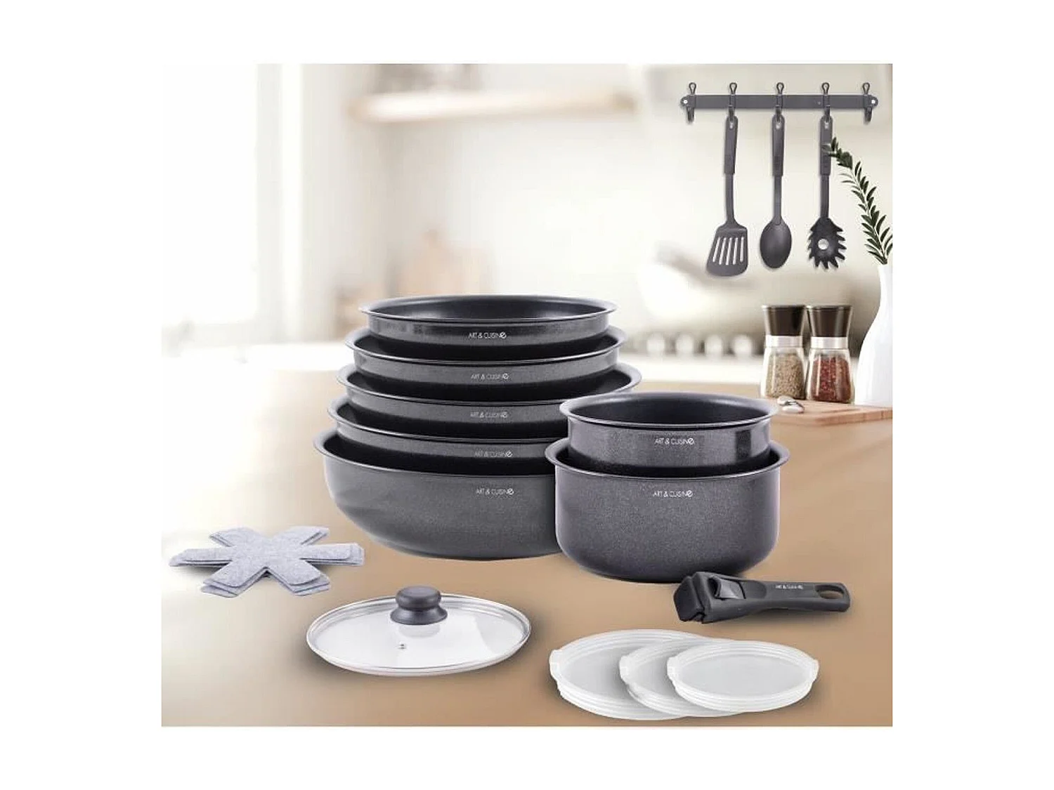 Batterie de cuisine - Tous feux dont induction - ART & CUISINE - AC1824 - Aluminium - 18 pieces - Anti-adhérent