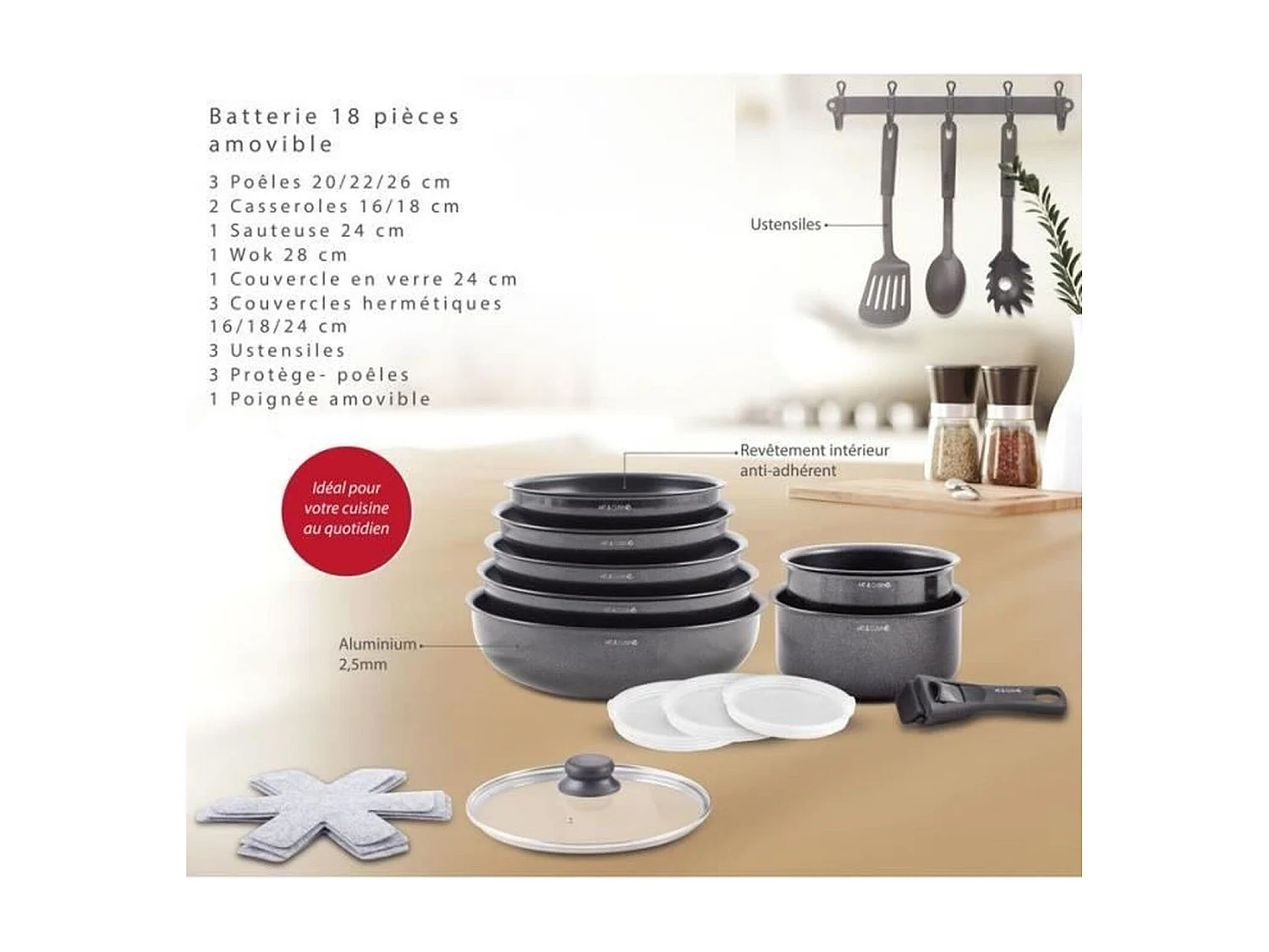 Batterie de cuisine - Tous feux dont induction - ART & CUISINE - AC1824 - Aluminium - 18 pieces - Anti-adhérent