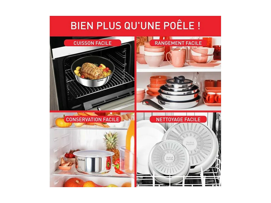 TEFAL INGENIO Batterie de cuisine 13 pcs, Induction, Acier inoxydable, Revetement antiadhésif durable, Emotion On L897DS04
