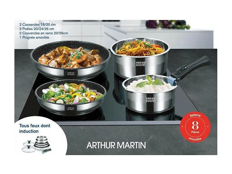 Arthur Martin AM2493 8-delige roestvrijstalen kookset met afneembaar handvat en antiaanbaklaag voor alle soorten kookplaten, inclusief inductie