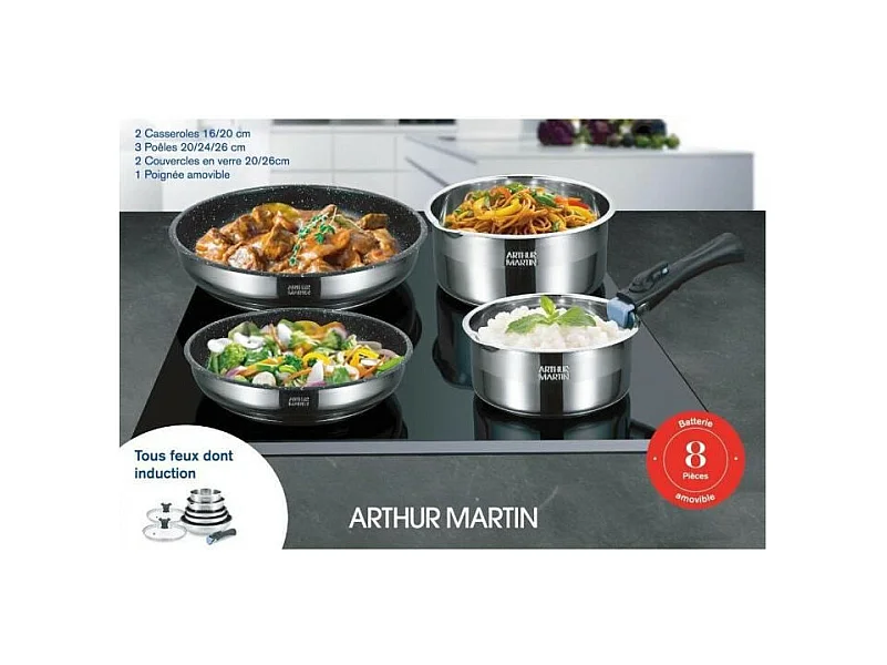 Batterie de cuisine Arthur Martin AM2493 8 pieces - Acier Inoxydable - Poignée amovible - Tous feux dont induction