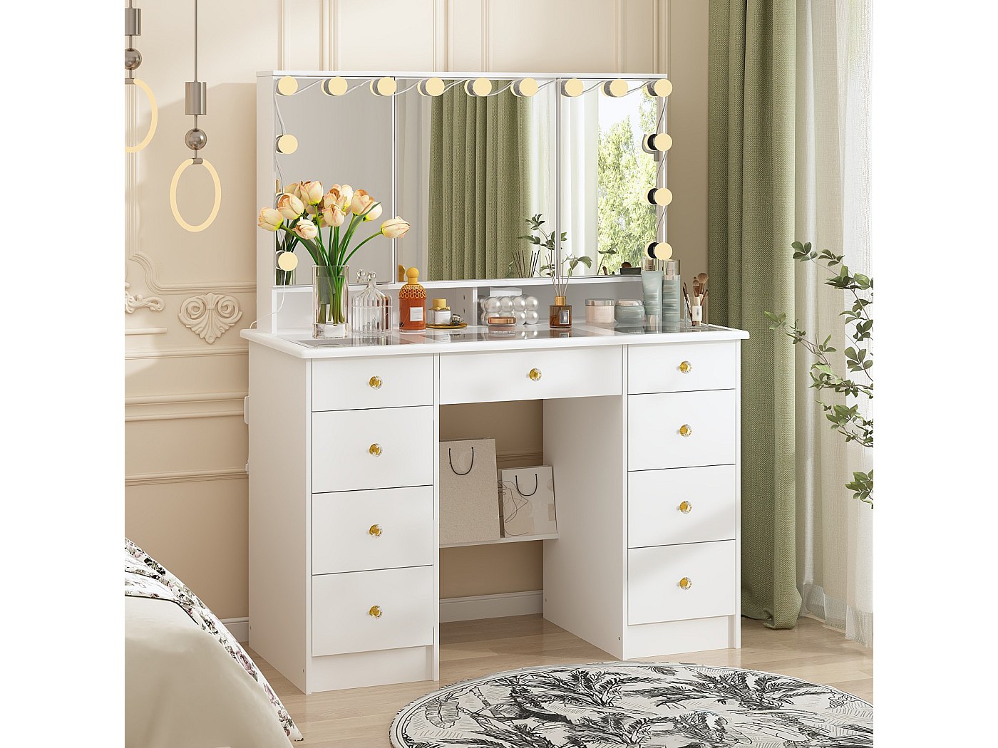 Coiffeuse LED 10 Lumières YIEHO - 131x80x36 Cm - 6 Tiroirs Miroir Maquillage - Blanc