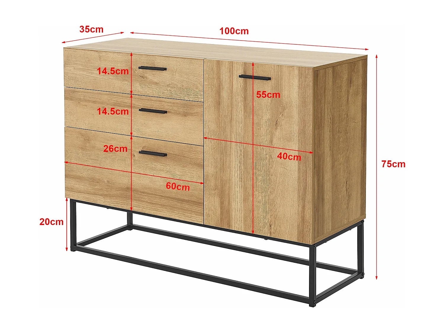 Aparador de metal 75 x 100 x 35 cm efeito carvalho preto 03_0006611