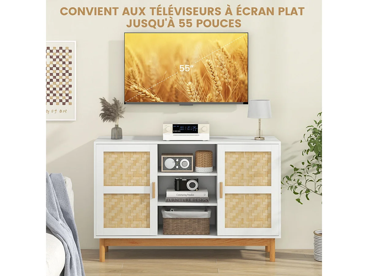 Aparador moderno de 120 cm com 2 portas de bambu trançado 3 prateleiras abertas mesa console lateral armário baixo branco 20_0007957