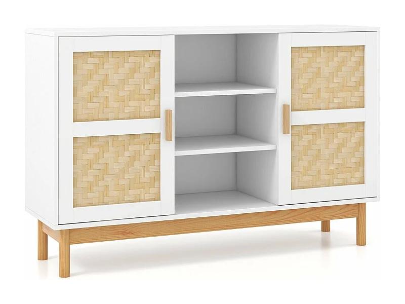 Aparador moderno de 120 cm com 2 portas de bambu trançado 3 prateleiras abertas mesa console lateral armário baixo branco 20_0007957