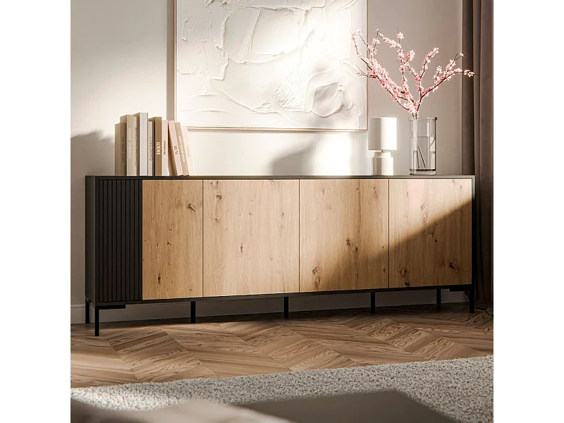 Aparador Polo negro y madera 4 puertas, 200 cm