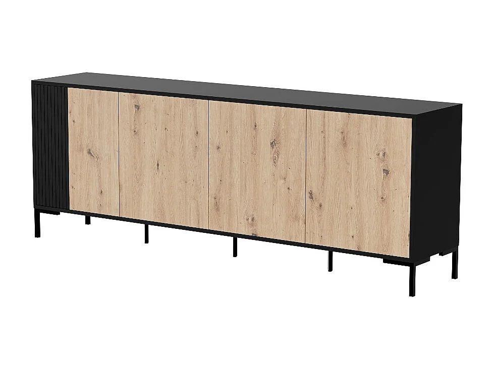 Credenza Polo nera e legno a 4 ante, 200 cm