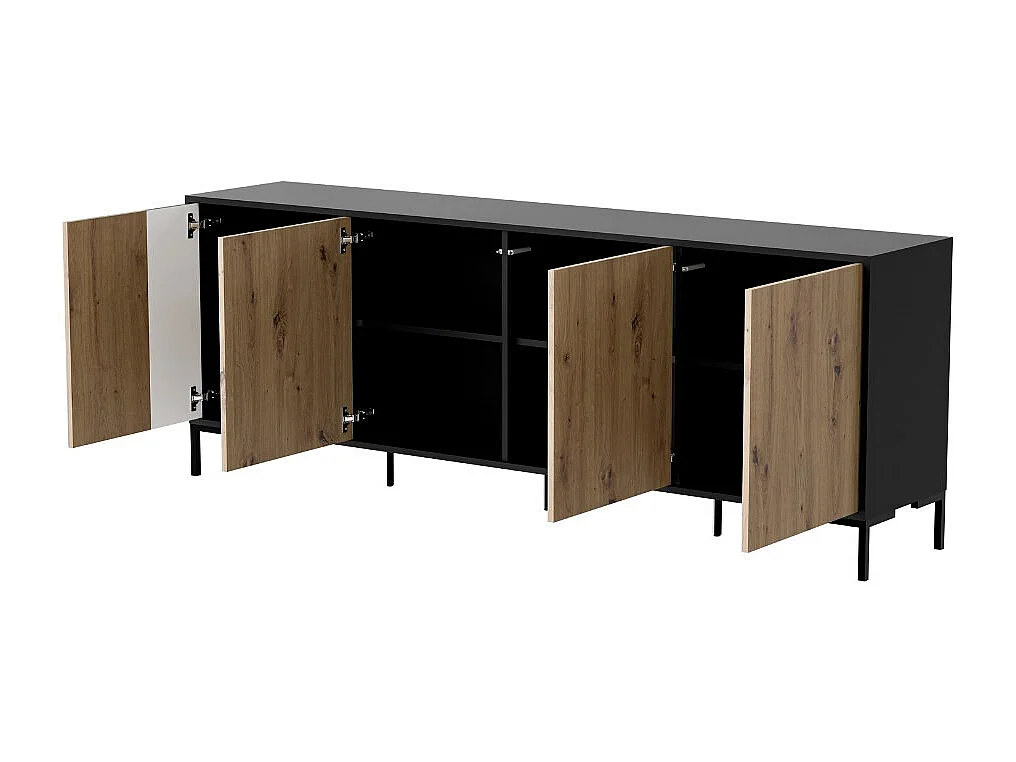 Credenza Polo nera e legno a 4 ante, 200 cm